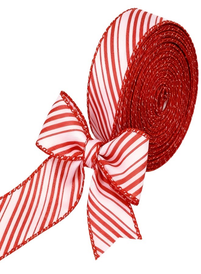 Meseey Red and White Diagonal Stripes Wired Ribbon 2.5 Inch x 20 Yards Candy Cane Christmas Ribbons for Gift Wrapping Wreath Bows DIY Craft Decoration(Red/White Diagonal) - Image 1